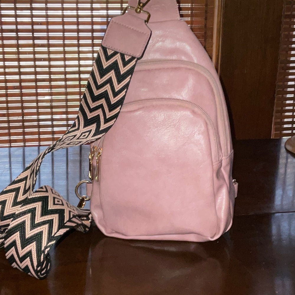 Women’s Pink Crossbody Sling Bag with Patterned Strap